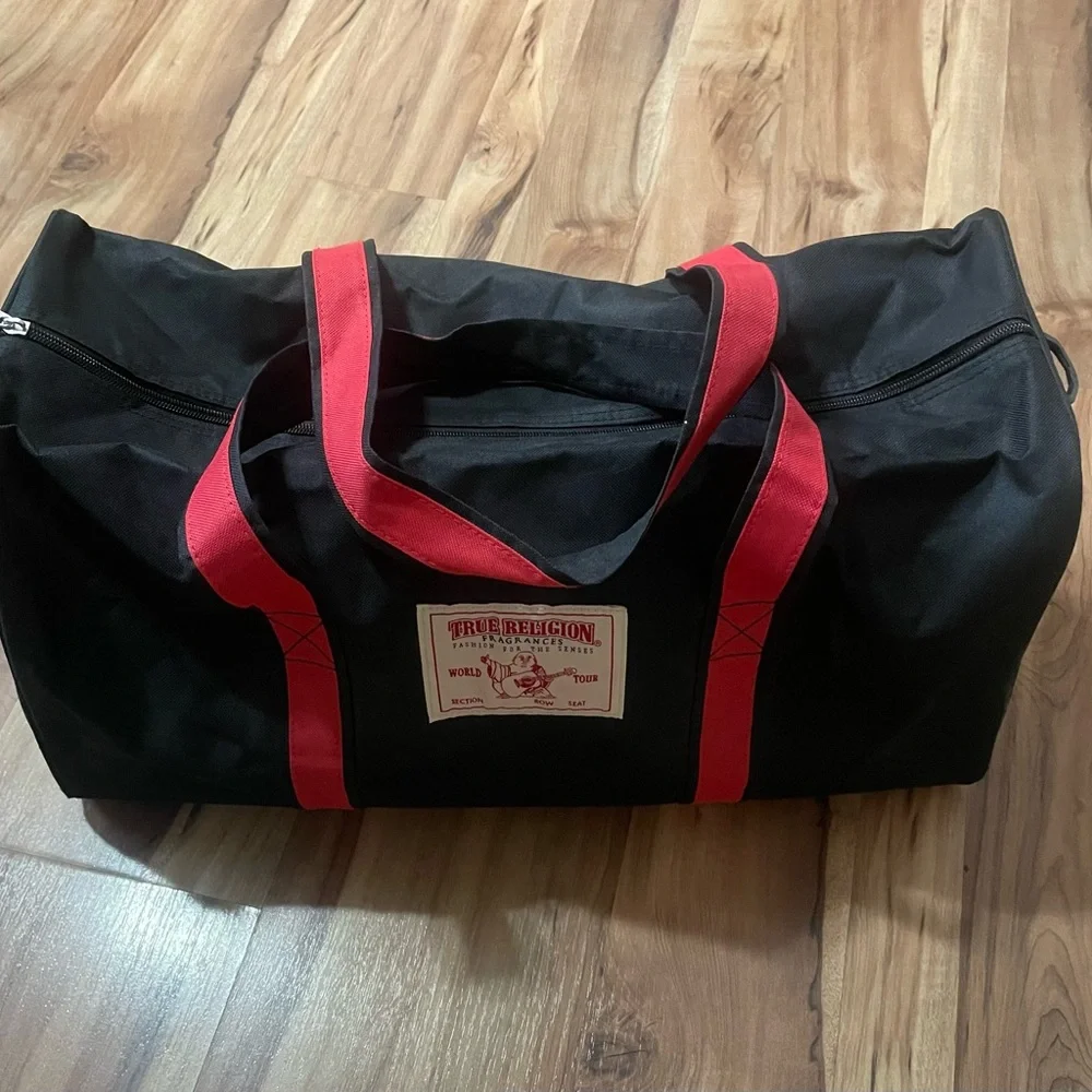 True Religion Black Travel Bag with Red Straps